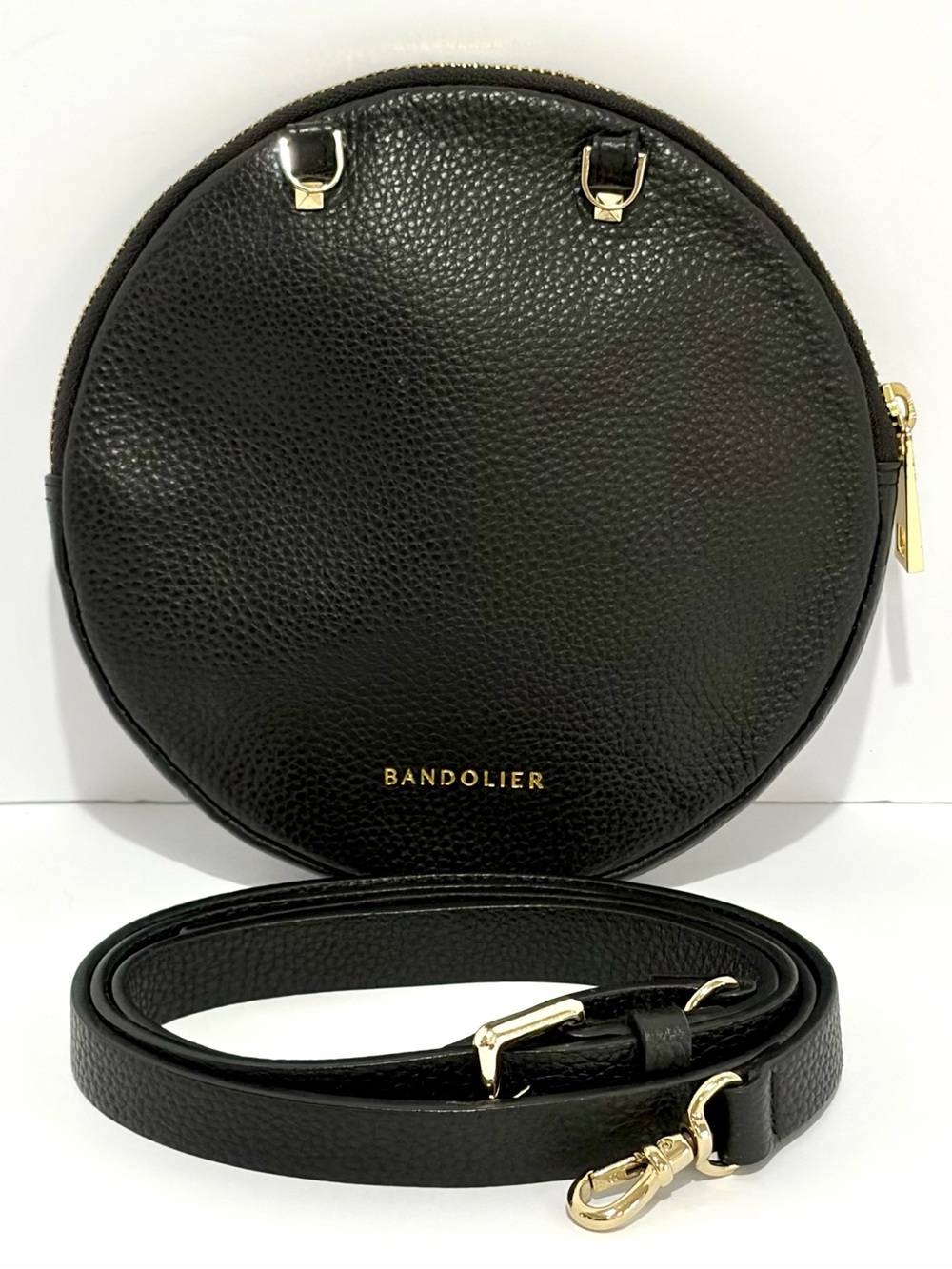 Bandolier Round Pouch Crossbody Bag In Black Leather With Gold Hardware